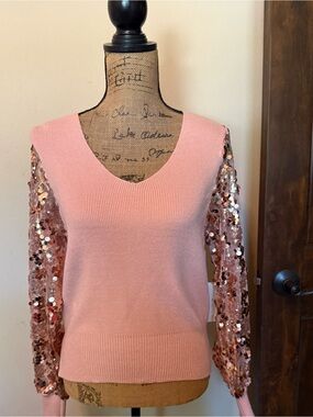 Women's Pink Sequin Sleeve V-Neck Sweater